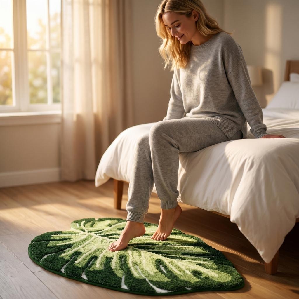 Leaf Shaped Plush Area Rug Soft Faux Cashmere Floor Mat Absorbent Bathroom Bedroom Decor Non Slip Backing