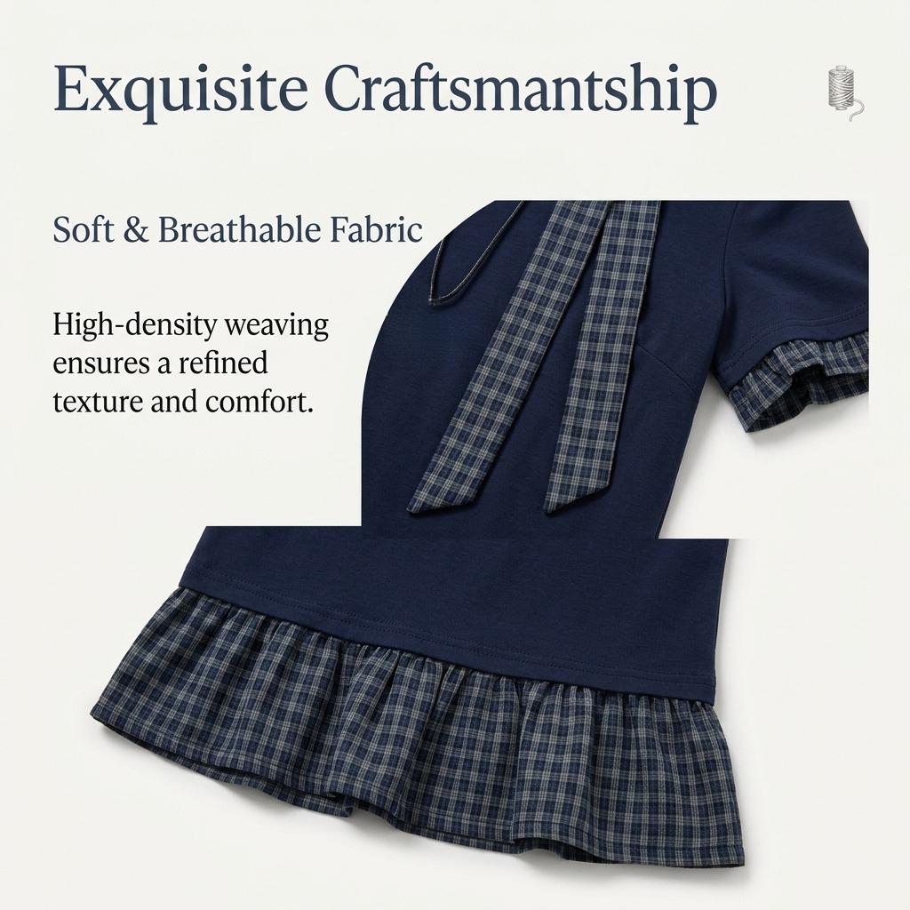 Fake Two-Piece Plaid Short-Sleeve T-Shirt With Lace Hem For Women New Spring/Summer Base Shirt With Ribbons