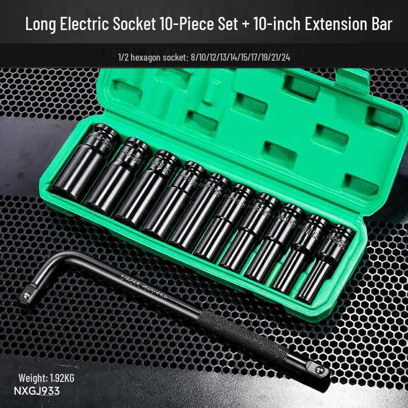 Extended Electric Socket Wrench Set with Large, Medium & Small Hexagonal Air Gun Heads for Auto Repair