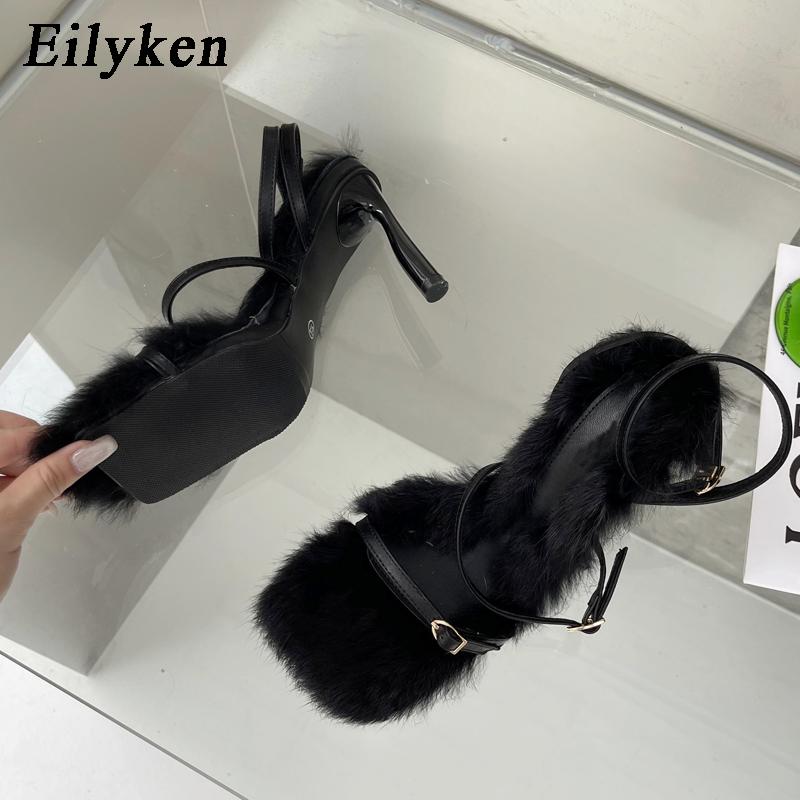 

Pesstwei 2026 New Brand Plush Fur Fuzzy Sandals Women Thin Heels Fashion Square Toe Ankle Lace Up Buckle Strap Slides Shoes 35 чорний
