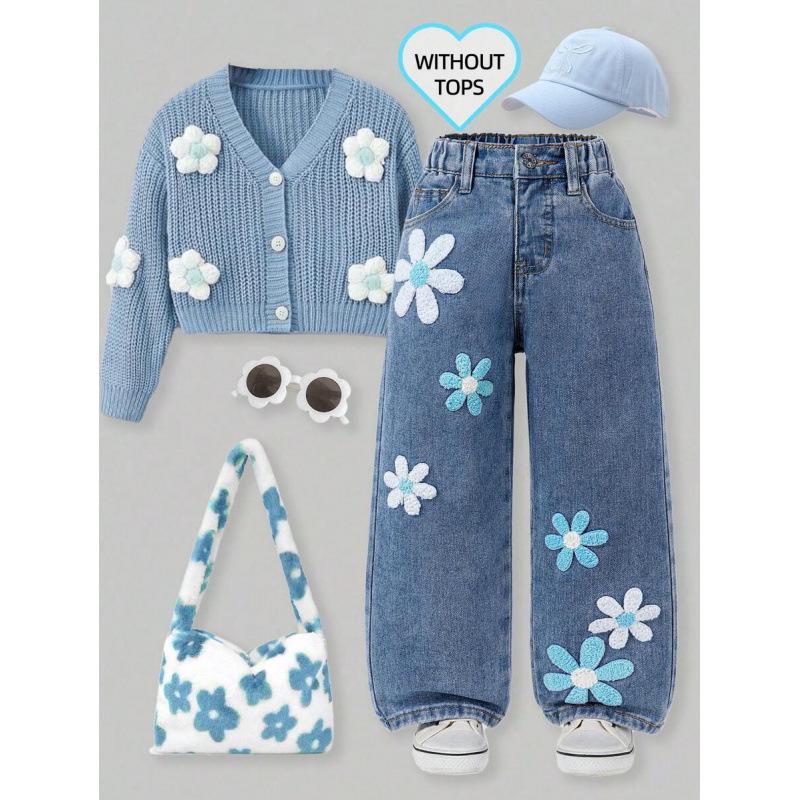 

Wide-Leg Jeans with Embroidered Towel Design 4Y