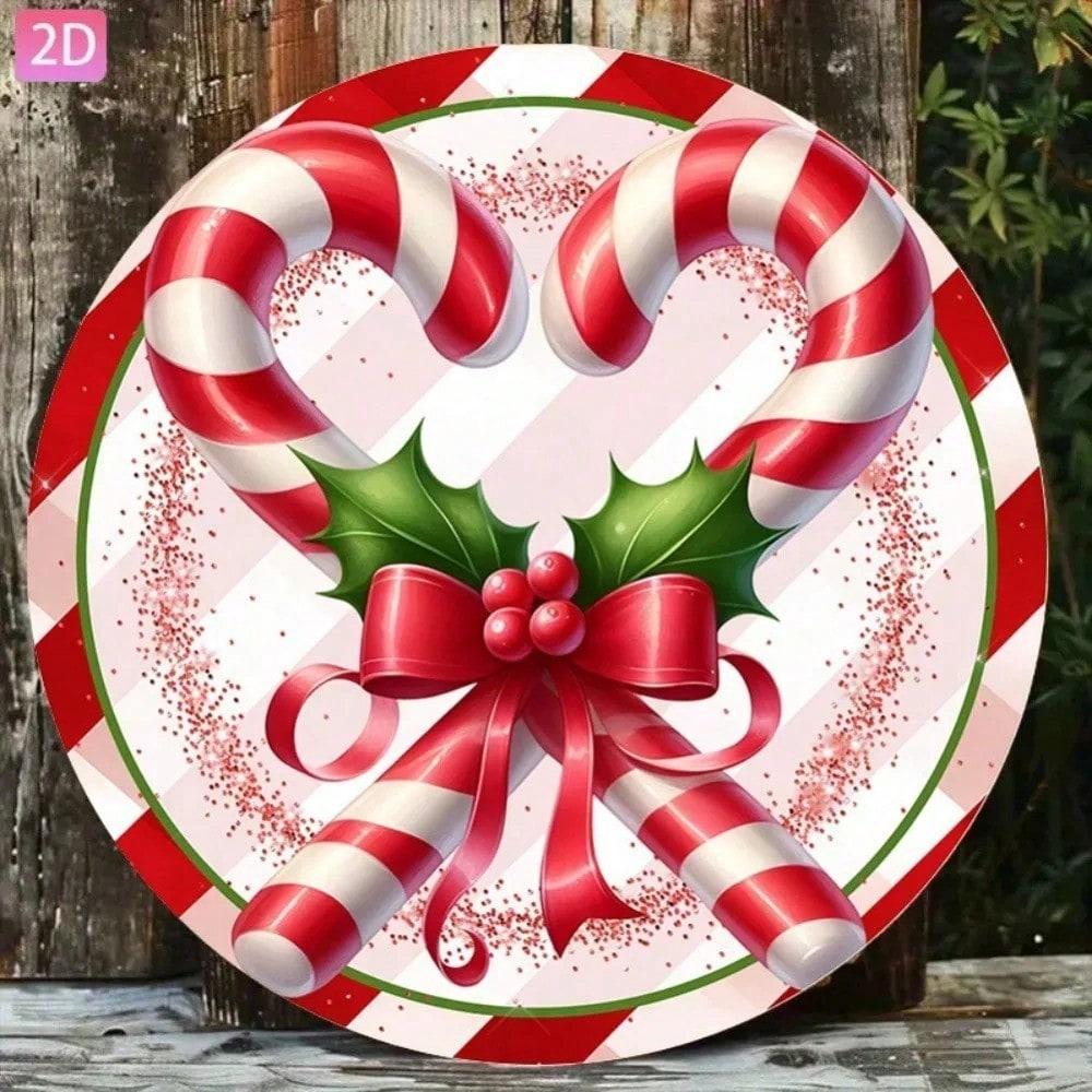 Vintage Christmas Candy Cane Wreath Metal Wall Sign 20x20 cm Retro Holiday Home Decor Xmas