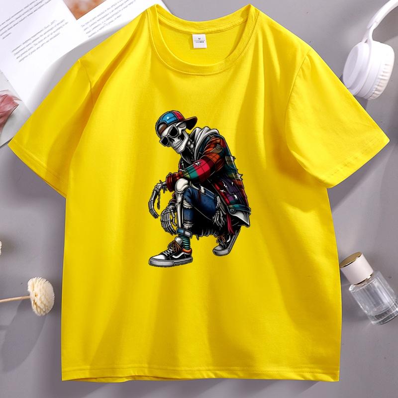 Unisexs Cotton Short Sleeve Skull Graphic Tee Casual Round Neck Short Sleeve Tshirt Cotton Printed Streetwear Male Clothing Tops