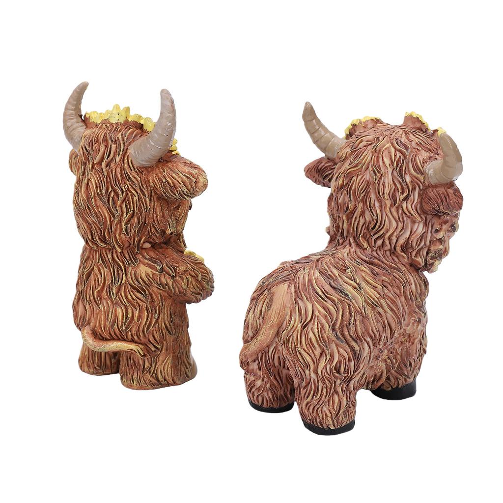 Flower Highland Cow Statue Cute Small Animal Figurines for Home Garden Kitchen Office