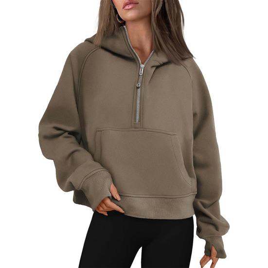 Fall Winter Hoodie Hooded Half Zipper Pocket Long Sleeves Loose Thick Pure Color