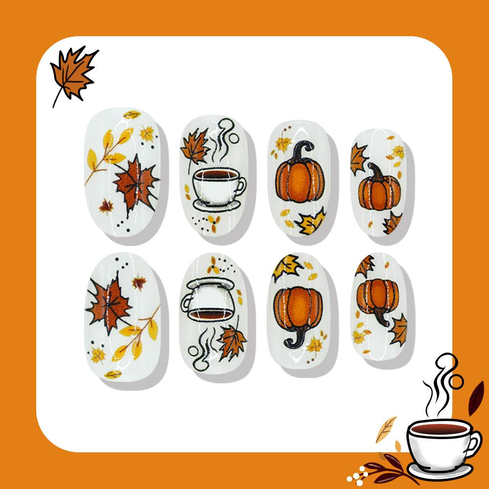 Halloween Press On Nails 24pcs Cute Pumpkin Maple Leaf Fake Nails Autumn False Nail with 1 Jelly Glue and 1 Nail File