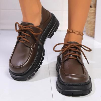 Fashion Vintage Round Toe Loafers Shoes for Woman Classic Lace-Up Pu Leather Ladies Single Shoes Office&career Thick Hole Pumps Mujer