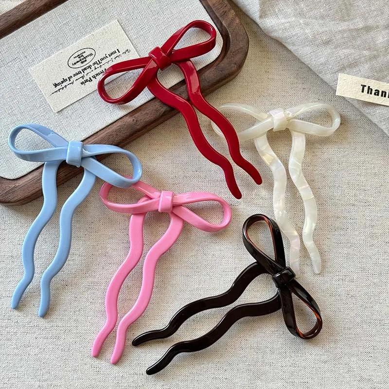 Fashion Acetate Wave Bow Hair Stick Women Girls New Chinese Style Colorful U-Shaped Convenient Hairpin Sweet Hair Accessories