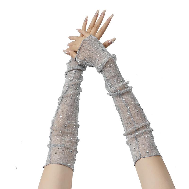 Fashion Long Sunscreen Lace Gloves Women's Thin Fingerless Gloves Outdoor Breathable Mesh Sexy Rhinestone Decor Sleeves