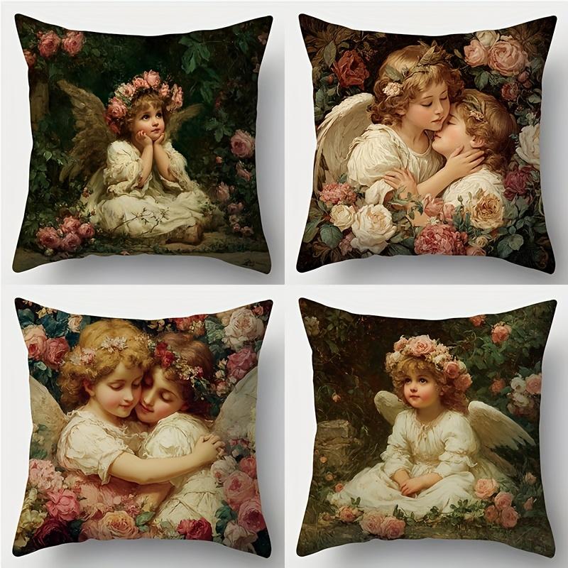 

4PCS Angel Wing Pillow Covers: Classical Oil Painting Cherub Design, Romantic for Party, Home, Car (No Insert) 35x35cm 4pcs