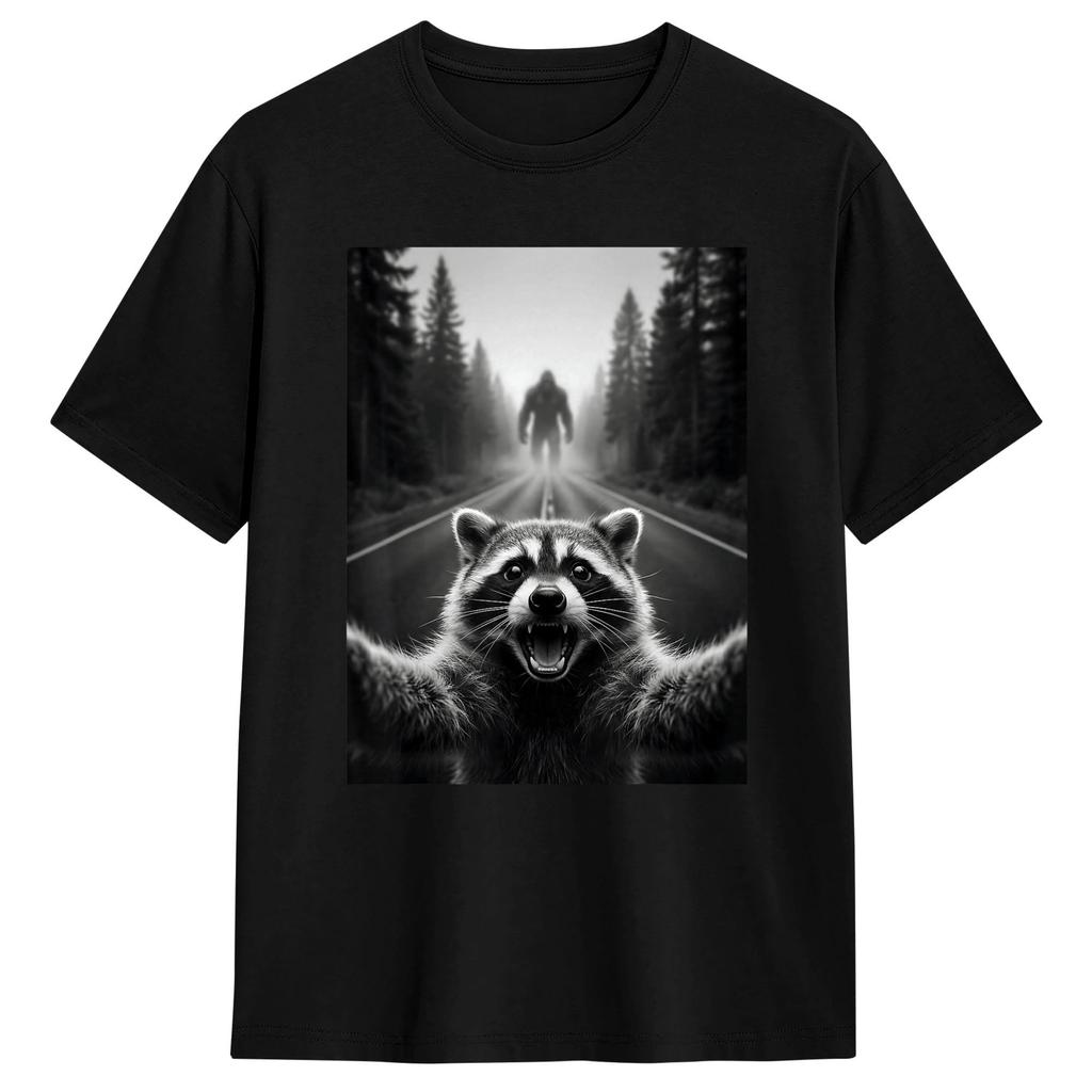 Funny Raccoon Selfie With Bigfoot Tshirt Summer Harajuku Tshirts Cotton O Neck Plus Size Clothing Short Sleeve Awesome Tops