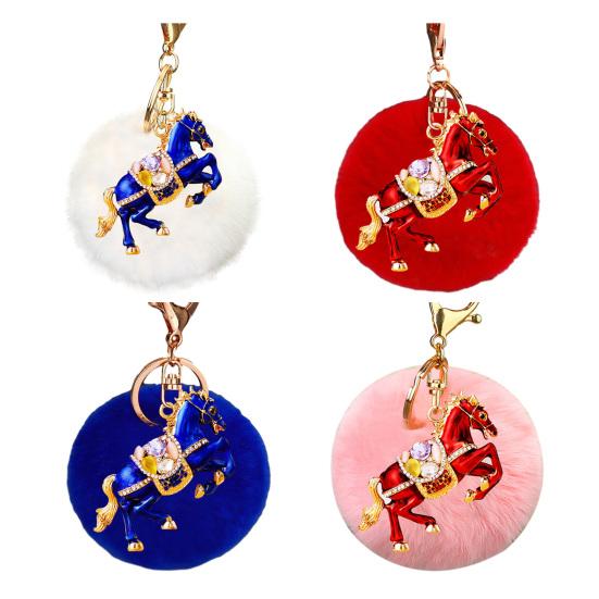Keychain Sparkling Rhinestones Horse Charm Car Key Chain with Plush Ball Decor Holidays Graduation Decorative Accessory