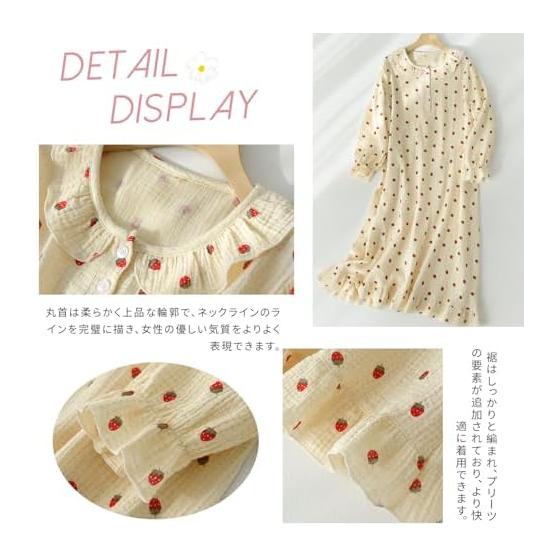 [Narebualo Cietupoop] Women's Pajamas, Dress, Long Sleeve, Room Wear, Thin, Breathable, Sweat Absorbing, Lace Buttons, Skin-friendly, Slimming,