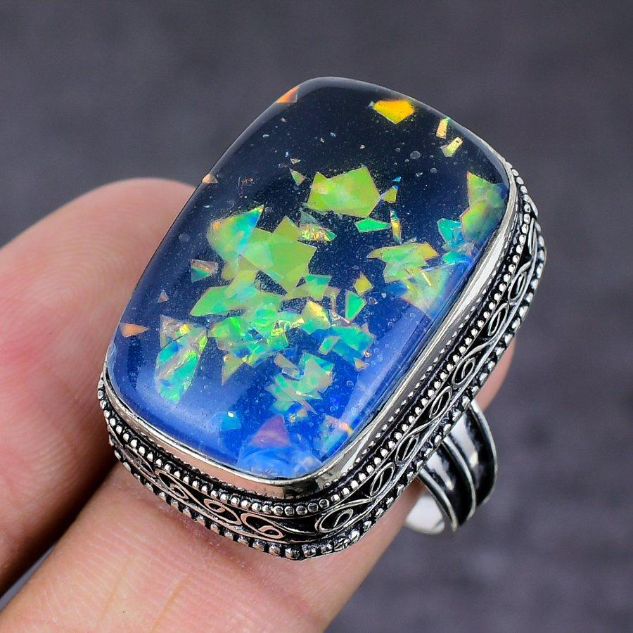 Natural Blue Triplet Opal Gemstone 925 Sterling Silver Jewelry Ring Size 10 Q8f72
