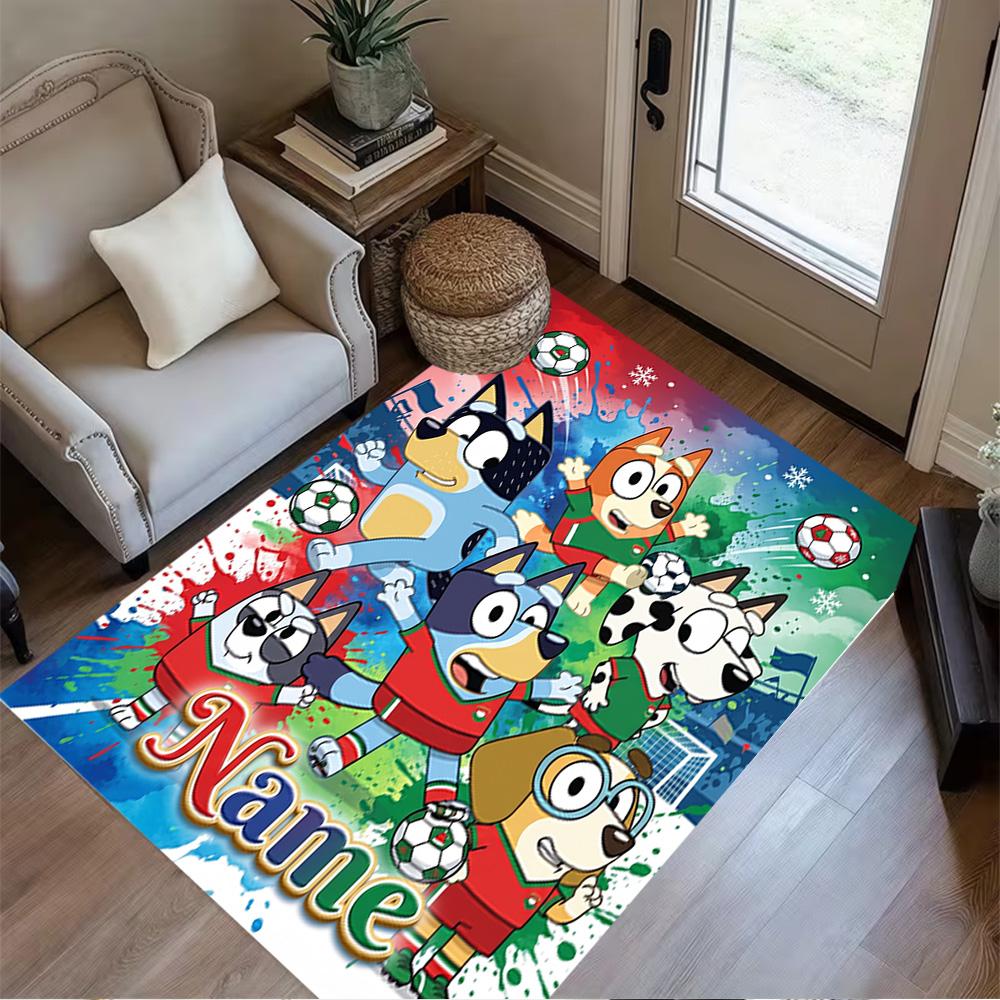 Bluey's Soccer Fun Customized Name Floor Mat Perfect for Study room Foyer Decorate room Playrooms Anti-slip Rug Decorate Offices