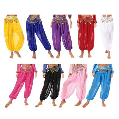 Womens Belly Dance Costume Chiffon Bloomers Plastic Beads Tassels Metallic Ruched Waistband Side Split Pants