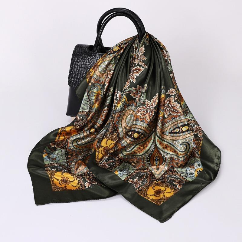 Versatile chain 90cm silk scarf square scarf high-end women's shawl retro printing satin bag headscarf