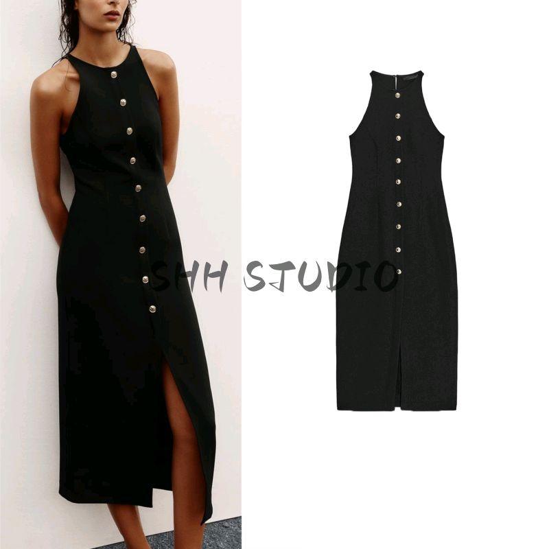Summer Women Clothes Casual Style Round Neck Sleeveless Gold-Plated Layer Decorated Row Button Crepe Midi Dress 3897108
