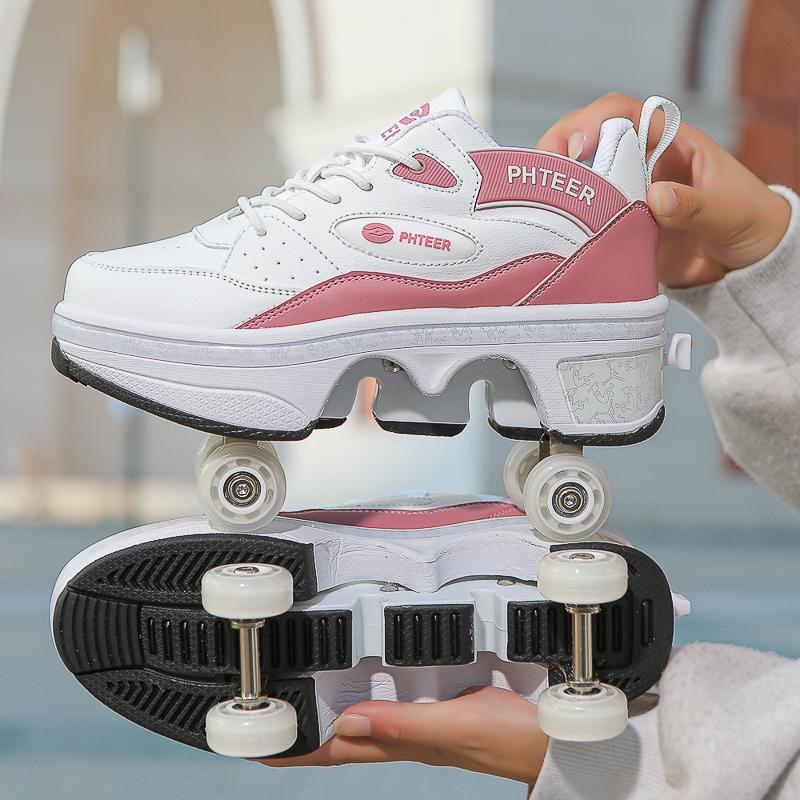 33-42 Kids/ Mens Four Wheels Sneakers with On Double Wheels Roller Sneakers Deformation Roller Skate Shoes for Girls
