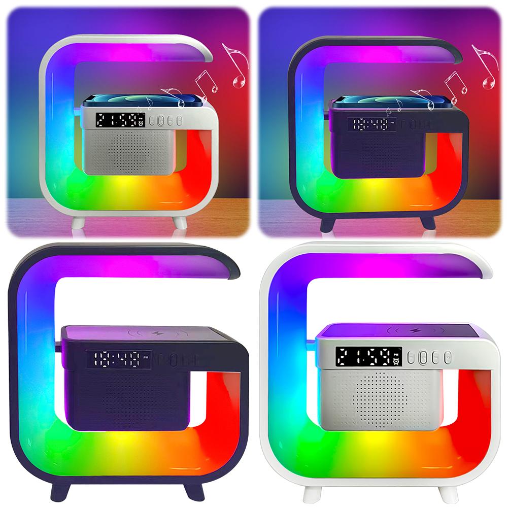 Alarm Clock with Wireless Charging Station Bluetooth-Compatible Speaker USB Charging Atmosphere Bedside Light for Home Office