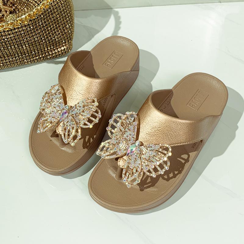 Gold Luxury Glitter Butterfly Decoration Flip Flops Women Chunky Platform Wedge Heels Slippers Beach Outdoor Slippers
