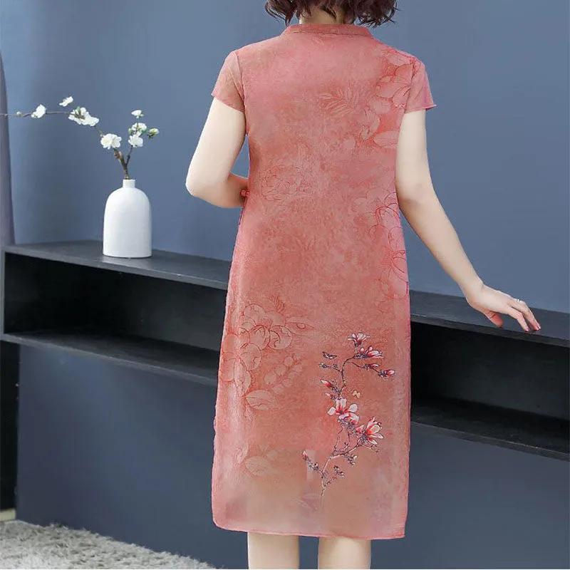Women's Summer Plus Size Ethnic Style Cheongsam Dress, Elegant Mother's Temperament, Chiffon Dress