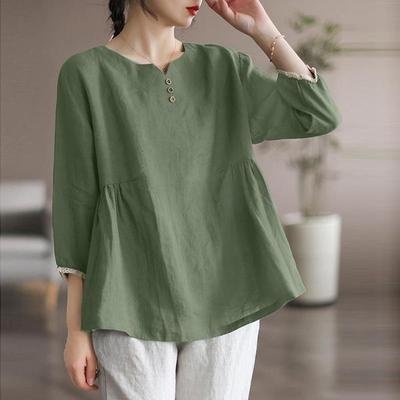 Women Loose Casual Blouse Cotton Solid Color V Neck Summer Half Sleeve T-shirt Plus Size