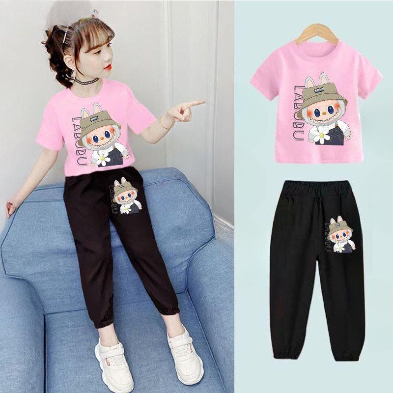 

Комплект детских футболок с коротким рукавом из чистого хлопка, модный детский комплект-двойка Labubu 150