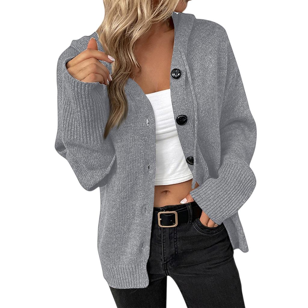 Women's New Autumn-Winter V-Neck Solid-Color Single- Knit Sweater Hooded Cardigan