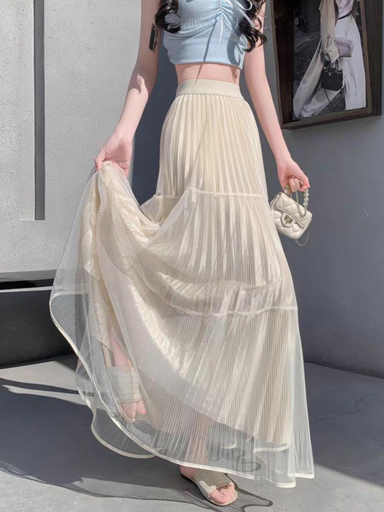 Elegant High-Waist Pleated Mesh Midi Skirt for Women - Summer Style