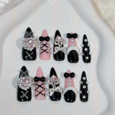 10 Pcs Y2K Almond Shaped Handmade Press On Nails With Pink Heart Rhinestone Design Reusable Fake Nails
