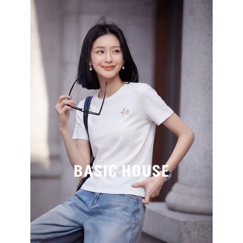 Basic House Women s Embroidered Cotton Short Sleeve T-Shirt One Size