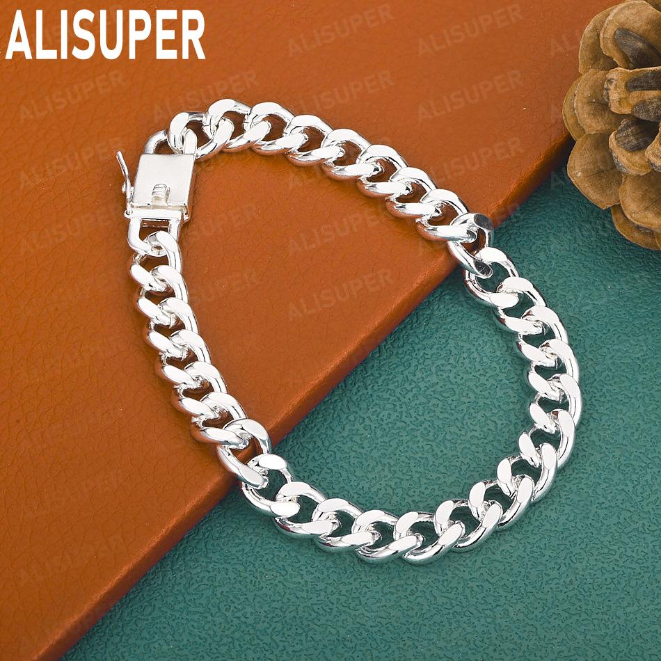 925 Sterling Silver 8mm Simple Interlocking Side Chain Atmospheric Bracelet Gift Jewelry 20CM