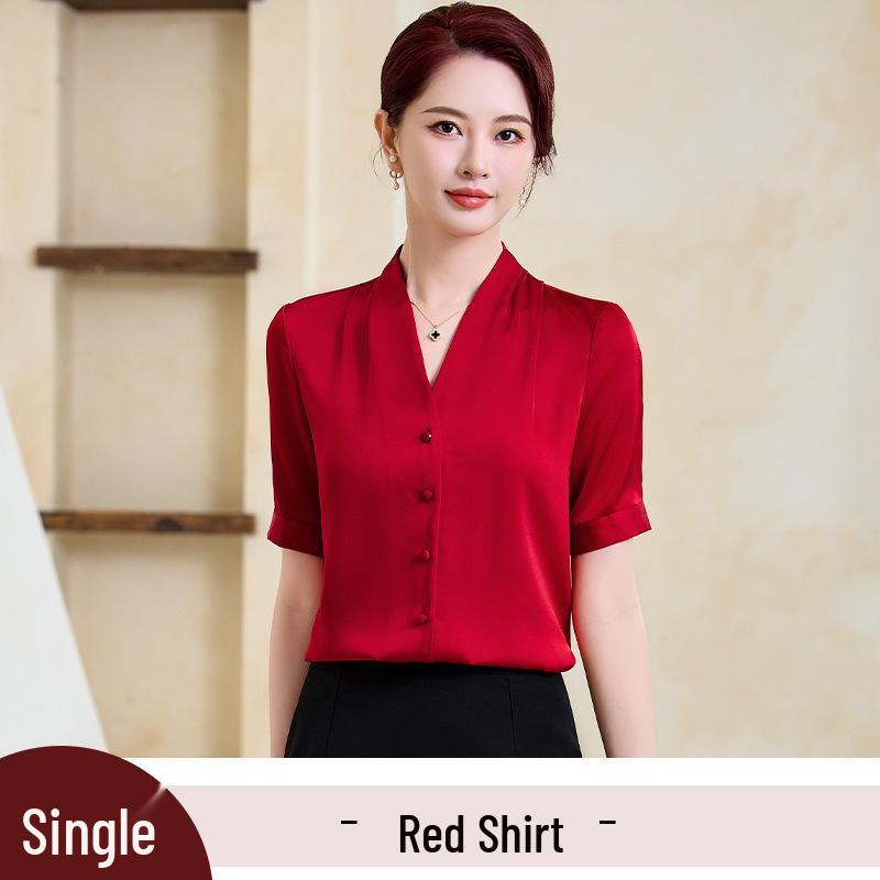 Women's Blue Chiffon V-Neck Shirt - Summer Short-Sleeve Professional Top