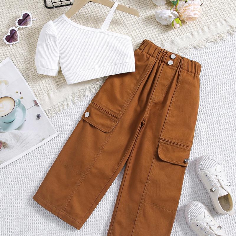 Girls' Fashion Set: Summer Children's Solid-color Short-sleeved Off-the-shoulder Pullover, Two-piece Set of Colorful Denim Trousers