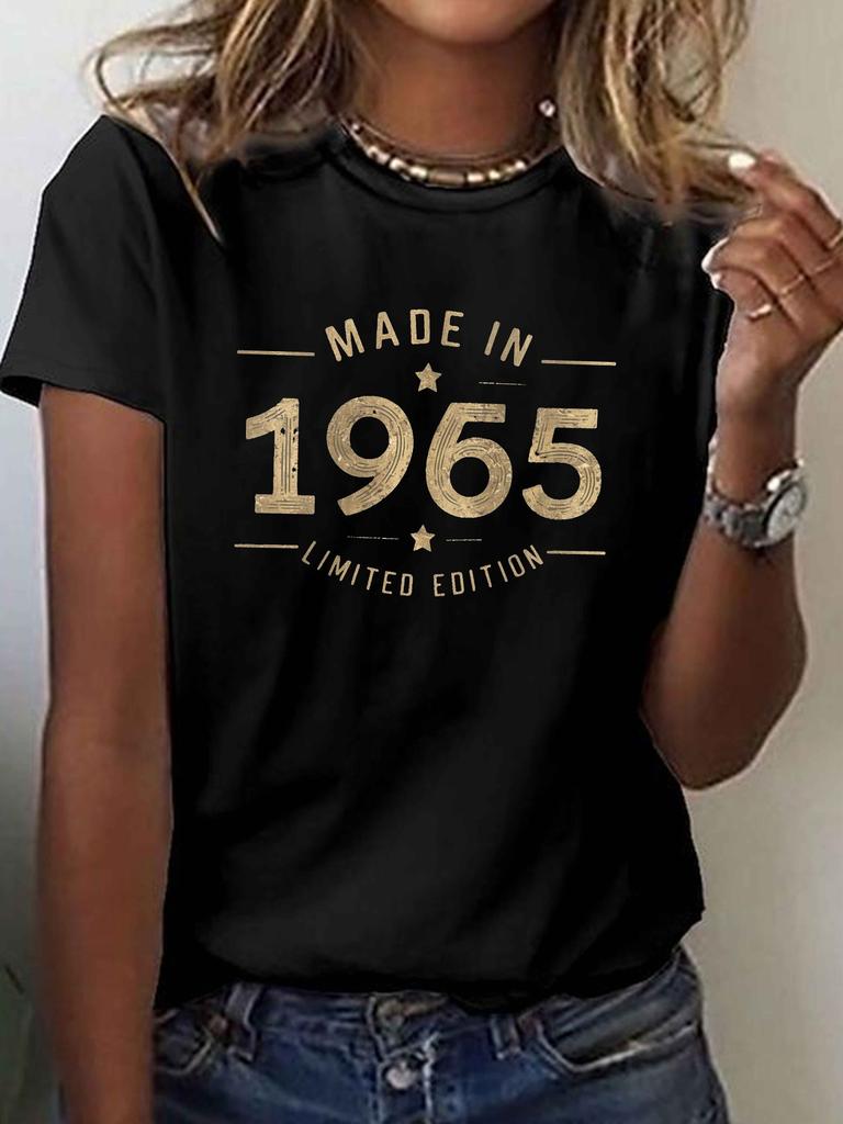 Damen MADE IN 1965 Vintage Print Kurzarm Rundhals Freizeit Oberteil Frühling Sommer