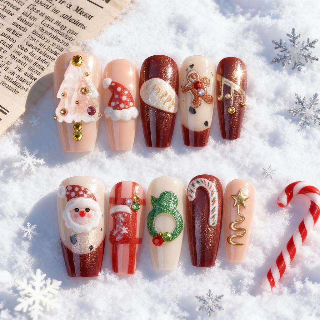 30 Pcs Cute Christmas Handmade Press On Nails Super Kawai Sweet Bow Bear Snowman Long Fake Nails Festival Nail Art Girl Gift