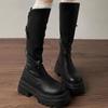 Brown Thick Heel Long Boots Women's Summer Versatile Slimming Over-Knee Boots Stylish Round Toe Rubber Outsole Pure Color