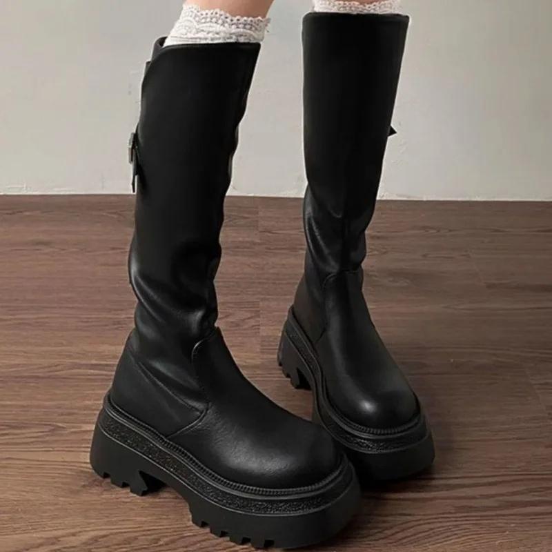 Brown Thick Heel Long Boots Women's Summer Versatile Slimming Over-Knee Boots Stylish Round Toe Rubber Outsole Pure Color