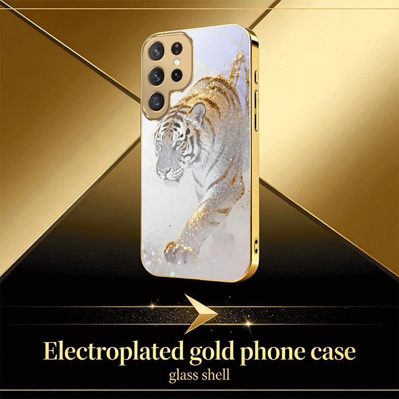 Snowy Land Golden Tiger For Samsung S25 Ultra S21 S22 FE S23 Plus S24 S20 S26 Note 10 20 Golden Glass Electroplated Phone Case