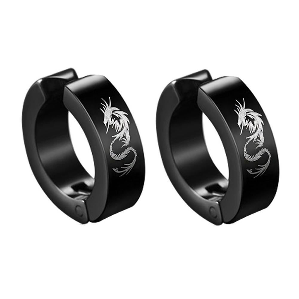 2pieces Punk Titanium Steel Ear Clip Earrings For Men Women Print Pattern Black No Pierced Fake Ear Circle New Pop Jewelry