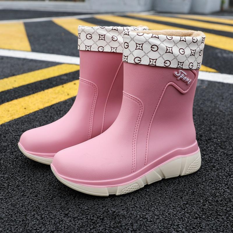 New Rain Shoes Women's Adult Medium Tube Rain Boots Non-slip Water Shoes Velvet Cotton Kitchen Short Rubber Shoes Fashion