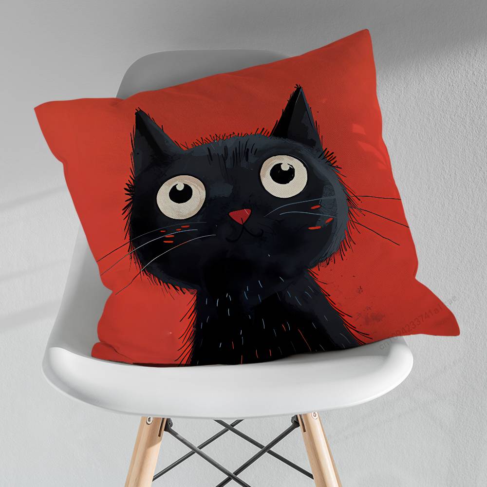 Cute Black Cat Cartoon Art Pillowcase for Sofa Room Office Decor Printing Merchandise AllMatch Cushion Cover