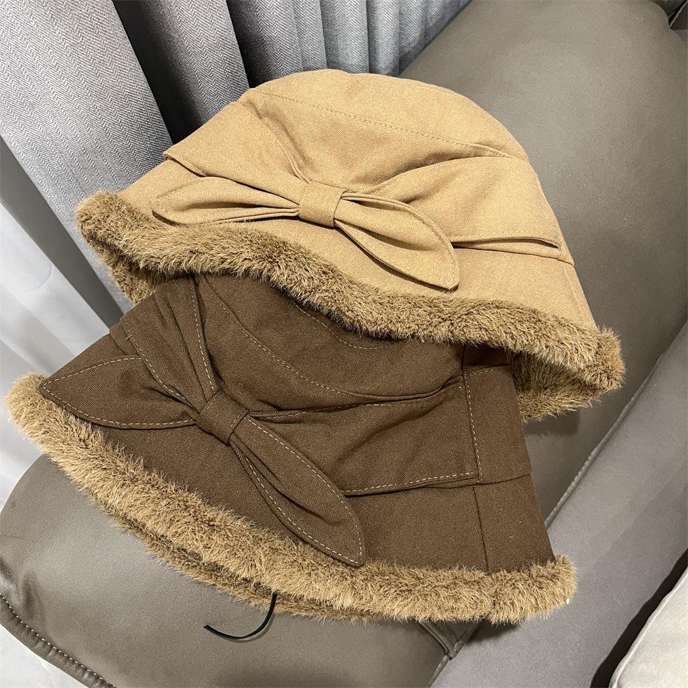 Bucket Hat Women's Autumn and Winter Versatile Casual Playful Bow Cute Basin Hat Thin Rough Edge Thermal Hat