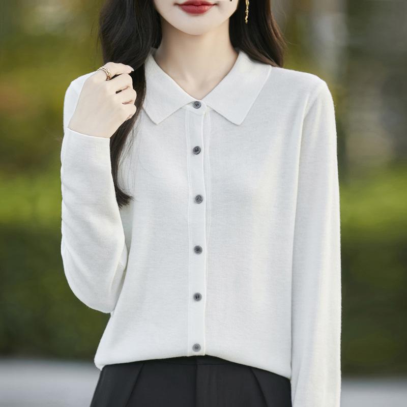 Women's Spring 2025 Lapel Cardigan Sweater - Knitwear Shirt Collar Base Layer or Outerwear Top