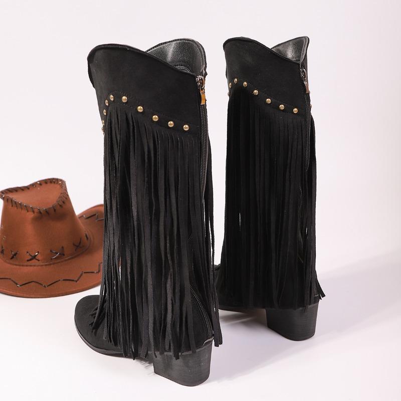 Fashion Fall New Mid-Tube Boots Fashion Pointed Toe Studded Tassel Non-Slip Wear-Resistant Rear Zipper Non-Slip Single Boots