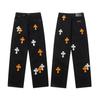 Unisex Cro Cross Leather Tag Washed Denim Jeans - Couples Street Style Loose Fit Long Pants