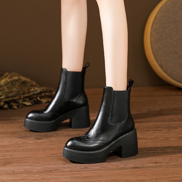 Muffin Sole Thick Heel Leather Martin Boots 2025 Autumn and Winter New Hand-scratched Brown Waterproof Table High Heel Chelsea Boots