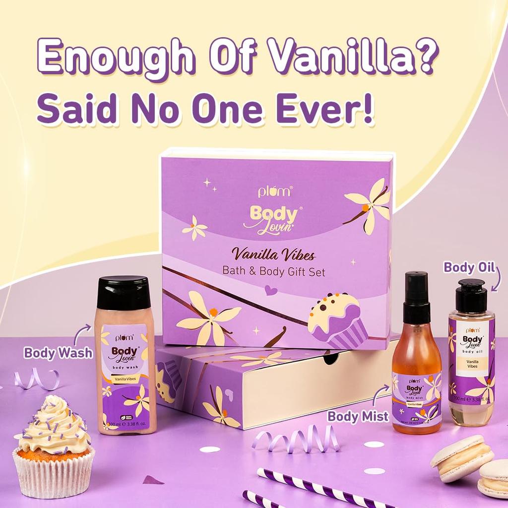 Plum BodyLovin' Vanilla Vibes Bath & Body Gift Set | Wash | Mist | Oil | Long-Lasting Fragrance | For Women | Gifting For Rakhi & Special Occasions| P