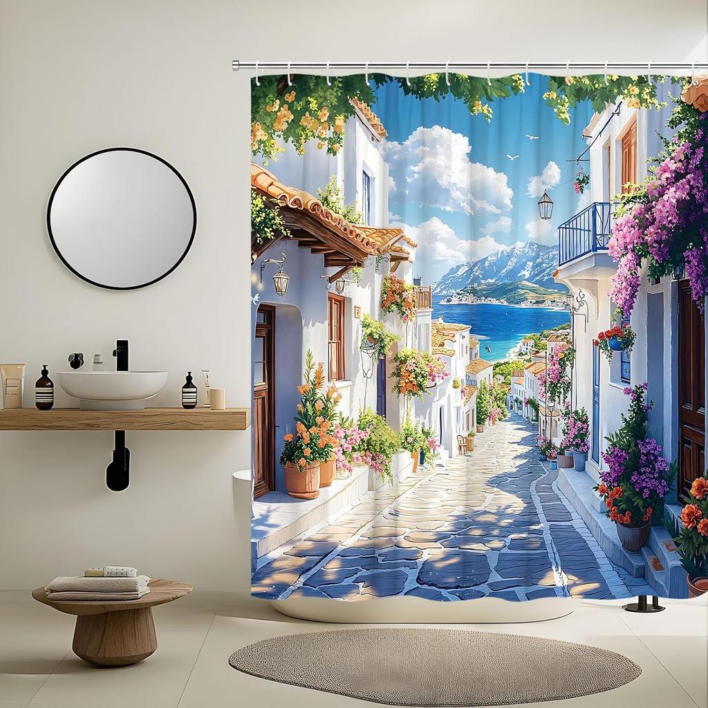 Coastal Shower Curtain Greece Natural Landscape Mediterranean White Architecture Italian Rustic European City Town Street Shower
